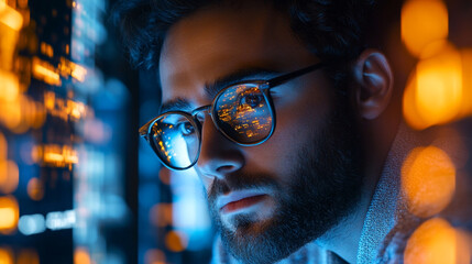 Focused programmer working late night cityscape reflection glasses man blue dark data code light