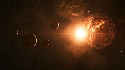 Wall Mural - a planetary system with several planets of varying colors and sizes orbiting a bright star.