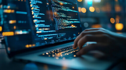 Closeup programmer hands typing code on laptop at night web data work blue dark light cyber coding