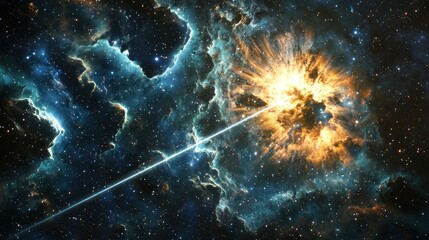 Wall Mural - a surreal space scene with beams of cosmic rays piercing through a nebula.