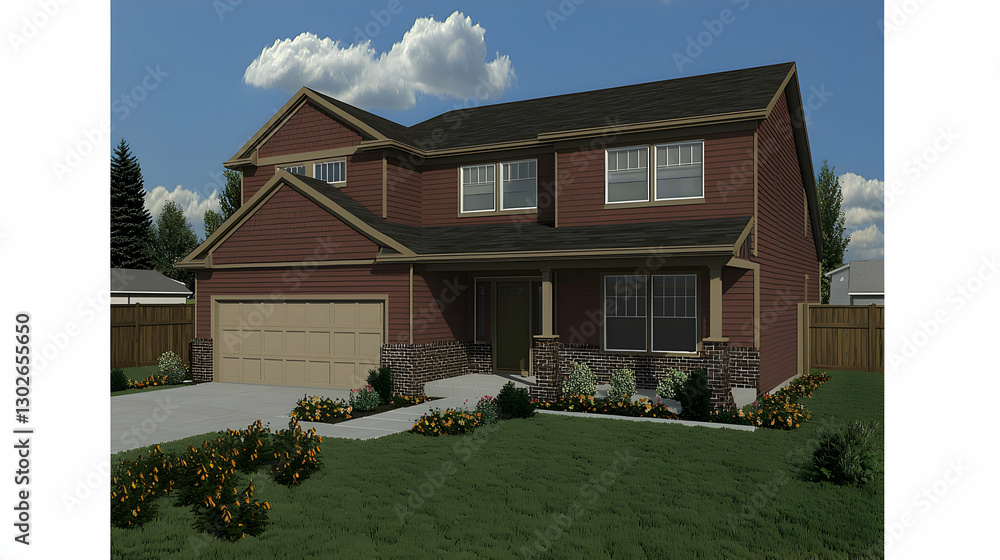 Two Story Brick House with Beige Accents and Landscaping Stock Photo ...