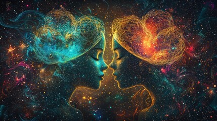 Wall Mural - a symbolic representation of love with interwoven cosmic patterns and glowing stars.