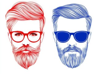 Wall Mural - dual hipster male faces with trendy glasses and beards in contrasting red and blue pop art style vec