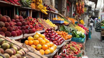 Wall Mural - A fruit and vegetable stand with people shopping in the background.