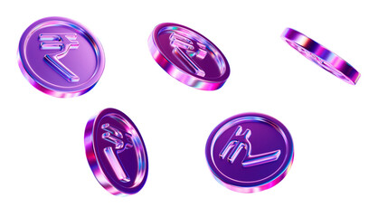 Wall Mural - 3d set of neon or holographic coins of indian rupees with different angles. stock vector illustratio