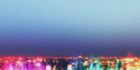 Poster - Colorful City Skyline at Dusk with Bright Lights and Blurred Effect in Urban Landscape Photography with a grainy gradient abstract noise texture Background banner wallpaper backdrop