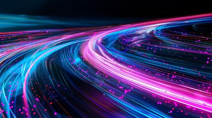 Abstract data stream with glowing blue and pink lines in perspective. Futuristic digital flow for technology and data concepts.

