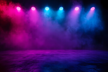 Wall Mural - The dark stage shows, empty dark blue, purple, pink background, neon light, spotlights, The asphalt floor and studio room with smoke float up the interior texture for display products 