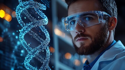 Scientist examining DNA helix model in lab setting, with futuristic technology display in the background