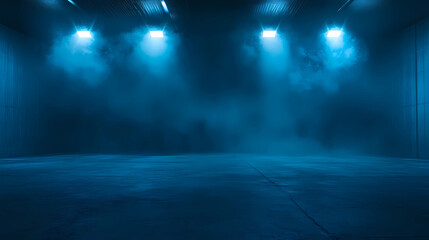 Wall Mural - A dark empty street, dark blue background, an empty dark scene, neon light, spotlights The asphalt floor and studio room with smoke float up the interior texture. night view