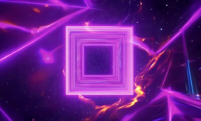 Wall Mural - cosmic field of vibrant nebulas with a glowing purple square creating energy waves and geometric distortions