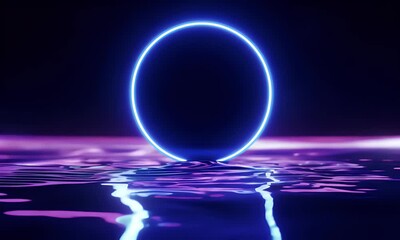 Wall Mural - floating dark blue neon circle over a reflective, liquid-like surface, with pulsating space distortions around it