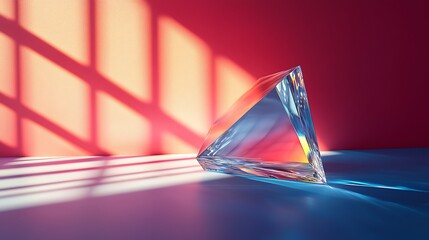 Wall Mural - Glass prism refracts light on floor, casting shadows on a red background, abstract art