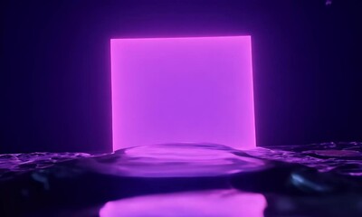 Wall Mural - floating purple neon square over a reflective, liquid-like surface, with pulsating space distortions around it