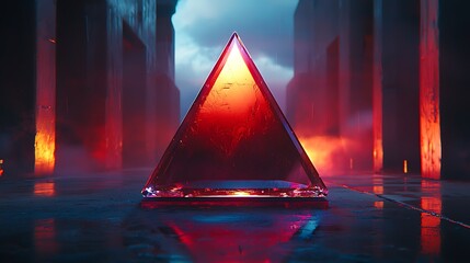Wall Mural - Red pyramid stands on floor in an urban alley, with fog and fire, for fantasy or sci-fi