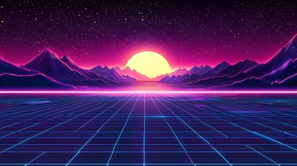Wall Mural - retro sunset over grid surface, mountains, and starry sky for use as wallpaper