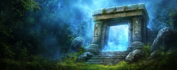 Wall Mural - A mystical stone gateway surrounded by lush greenery and ethereal blue mist, evoking a sense of ancient mystery and wonder.