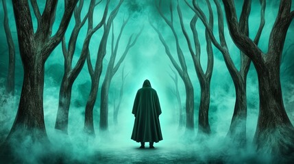 Wall Mural - A cloaked figure stands in an eerie, fog-filled forest, surrounded by tall, bare trees and an ethereal green glow.