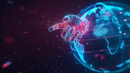Wall Mural - a digital rendering of a hand reaching out to a glowing, blue earth with lines.