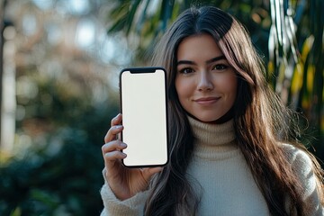 High Resolution of Woman Showing Modern Smartphone with Blank White Screen