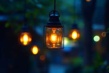 Wall Mural - Hanging light bulbs illuminating outdoor space at night