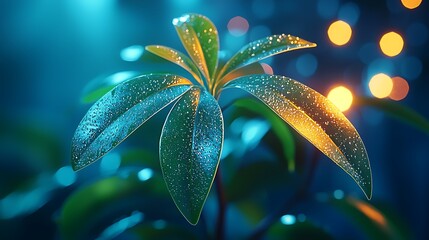 Wall Mural - Dew-kissed plant, vibrant blue light, bokeh background; nature, growth, design