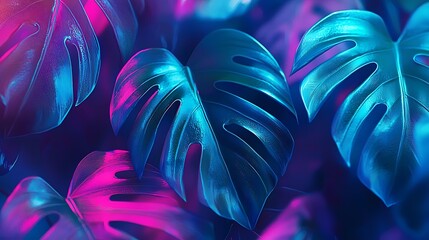Wall Mural - Neon tropical leaves, vibrant background, design element