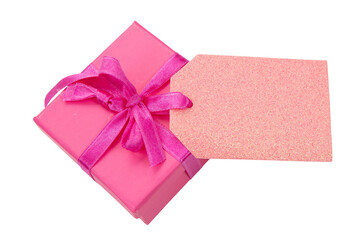 Wall Mural - gift box isolated on white, transparent. pink color parcel with ribbon bow, top view. mothers day.
