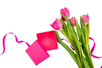 Wall Mural - mothers day, women day. gift box and pink tulips flowers isolated on white, transparent.