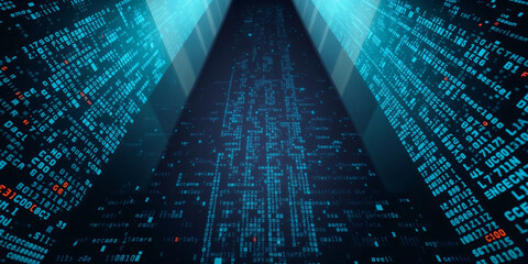 Data stream flowing through cyberspace with blue and red characters