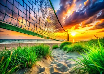 Sunset Beach Volleyball Macro: Close-up Sand & Net on Lush Green Grass