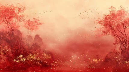 Wall Mural - chinese ink painting style, red background, generative ai
