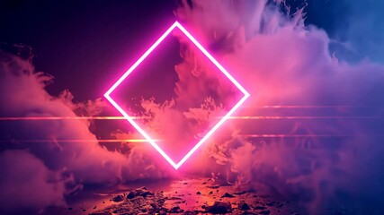 Wall Mural - pink and yellow neon light with cloud formation. diamond shaped fluorescent frame in dark environmen
