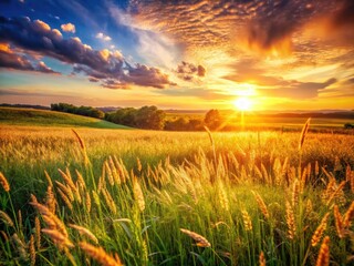 Wall Mural - Sunset's soft light paints a golden grassland, a tranquil wild grass scene of warm tones.