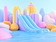 © darion - Colorful inflatable water slides amidst pastel-hued whimsical structures by a pool