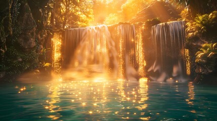 Poster - Low-angle shot of glowing waterfalls illuminated by golden light, cascading into a crystal-clear lagoon, cinematic serene grandeur