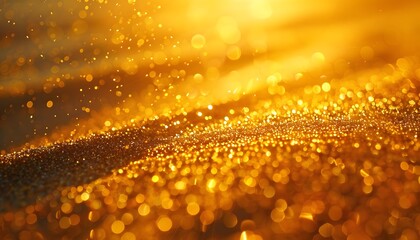 Poster - Close-up of glowing golden grains of sand sparkling under sunset light, cinematic delicate natural artistry