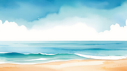  Watercolor Beach Scene with Blue Sky and Ocean Waves Illustration