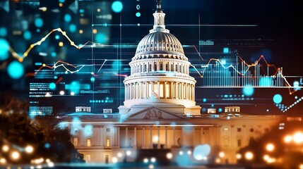 Wall Mural - financial data, government building. a modern, illuminated capitol building is overlaid with digital