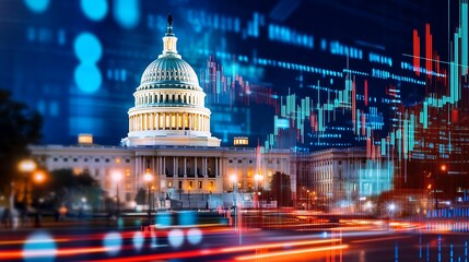Wall Mural - financial data, government building. a vibrant night scene showcasing the u.s. capitol surrounded by