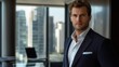 © Lisouski Uladzimir - Confident young businessman in modern office with city skyline view