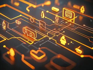 a digital network design featuring glowing orange lines and icons representing people, devices, and 