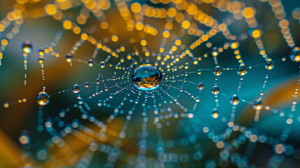 Close-up of a raindrop resting on a delicate spider web, intricate reflections, macro photography