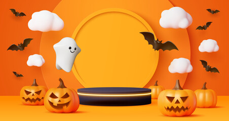 Kids 3d Halloween podium. Festive scene with playful ghost, pumpkins, bats, and clouds. Vector holiday orange studio background capturing the fun and spooky vibe for celebrations and seasonal parties