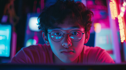 Focused young programmer wearing glasses in a colorful tech environment