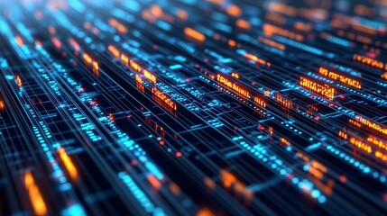 A computer screen with a blue and orange line. Abstract futuristic technology concept for web design, software development.