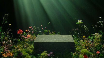 Fototapete - Abstract stone podium with sunlit floral surroundings for elegant nature designs