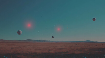Wall Mural - Celestial landscape with glowing planets against a starry sky at dusk