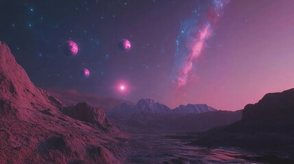 Wall Mural - Dreamy celestial landscape with planets and nebula in a night sky
