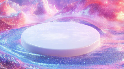 Wall Mural - Mystical cosmic landscape with white circular podium for dreamy presentation